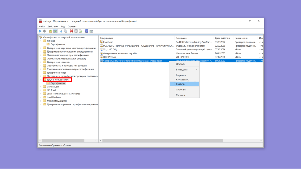 Окно certmgr. Удаление просроченного сертификата ФСС из хранилища Другие пользователи