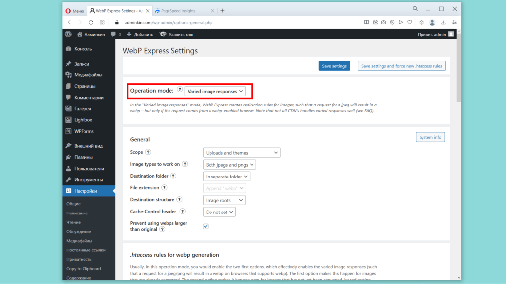 Плагин WebP Express. Operation mode