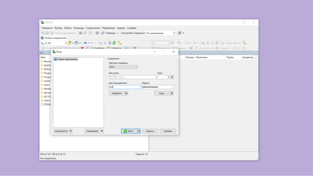 Настройка соединения в программе WinSCP
