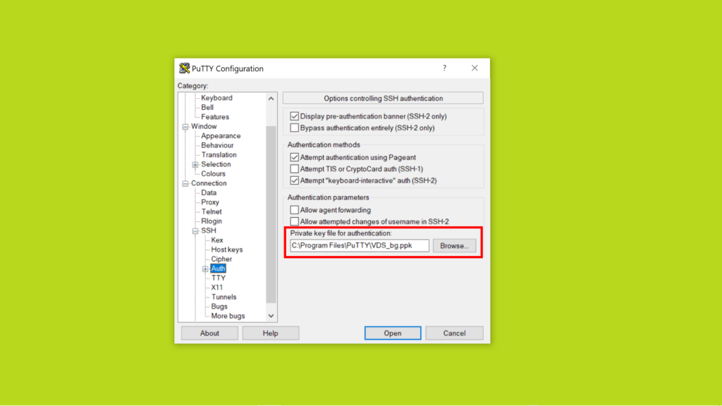 PuTTY Configuration. Раздел Auth