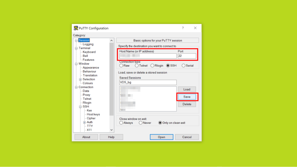 PuTTY Configuration. Раздел Session